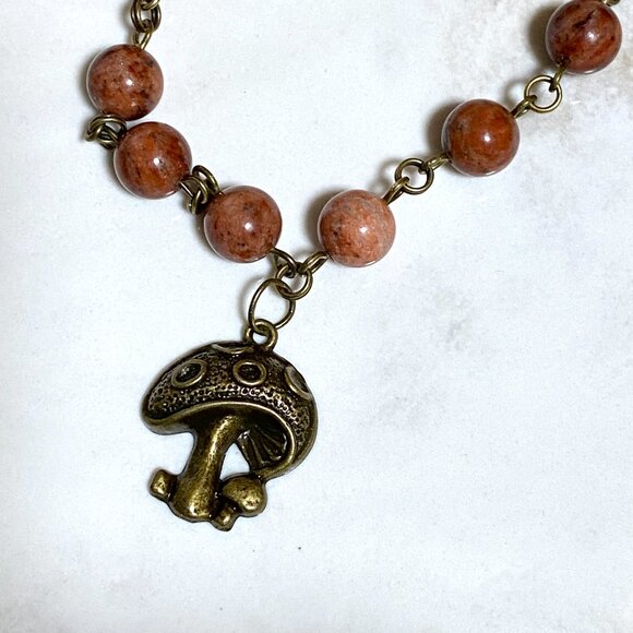 Genuine Red Jasper Short Necklace, Cute Bronze Round Mushroom + Natural Gemstone - Picture 4 of 14